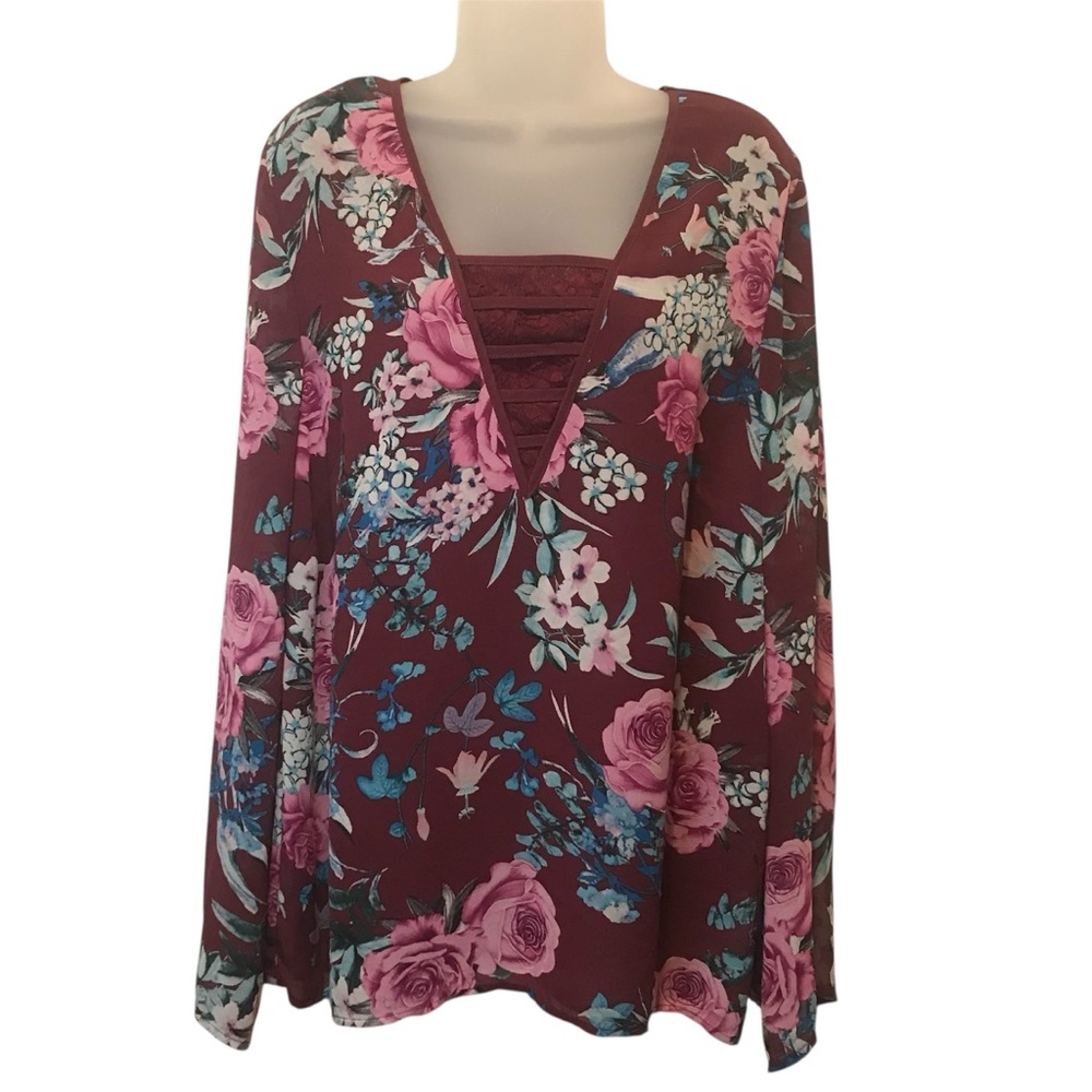 NWT Love Scarlett Long Split Sleeve Blouse Floral Lace Chiffon Pink Sz Large